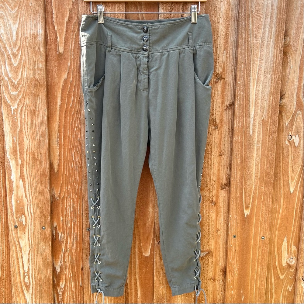 PINKO Army Green Studded Lace-Up High Waisted Crop Pants Italian Designer Size 4
